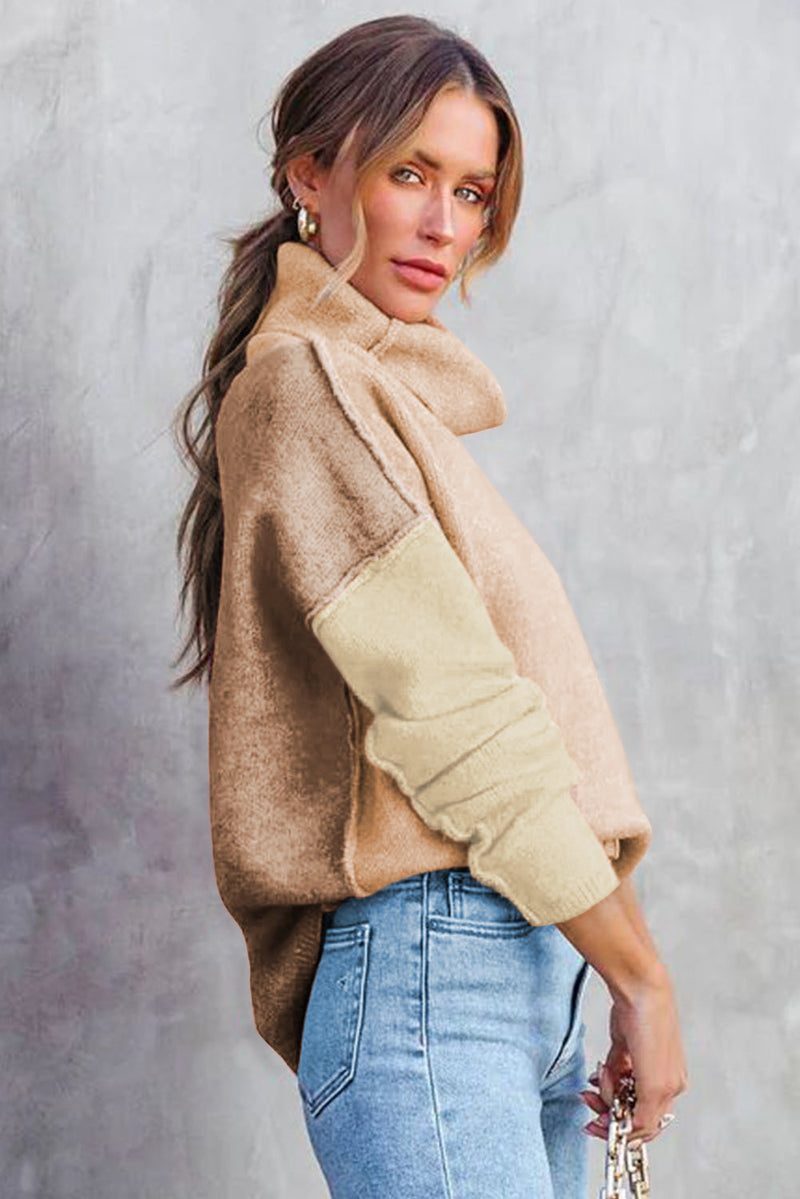 Color Block Turtle Neck Drop Shoulder Knit Sweater