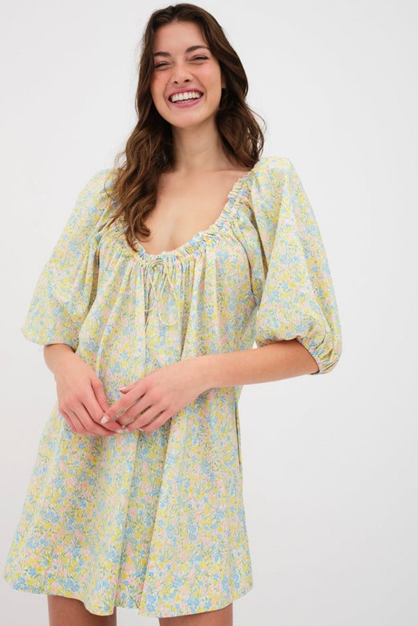 Floral Half Sleeve Frilled U Neck A-line Short Dress