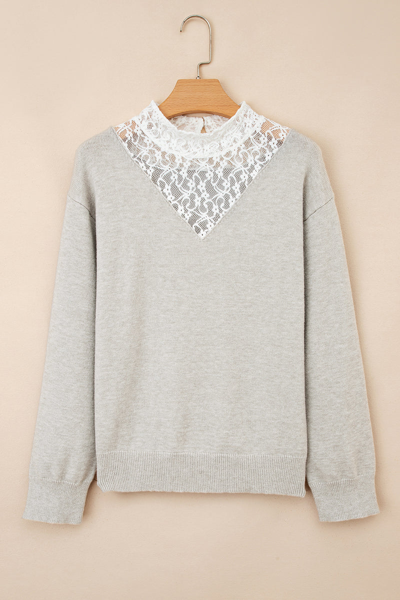 Button Keyhole Lace Patchwork Drop Shoulder Sweater