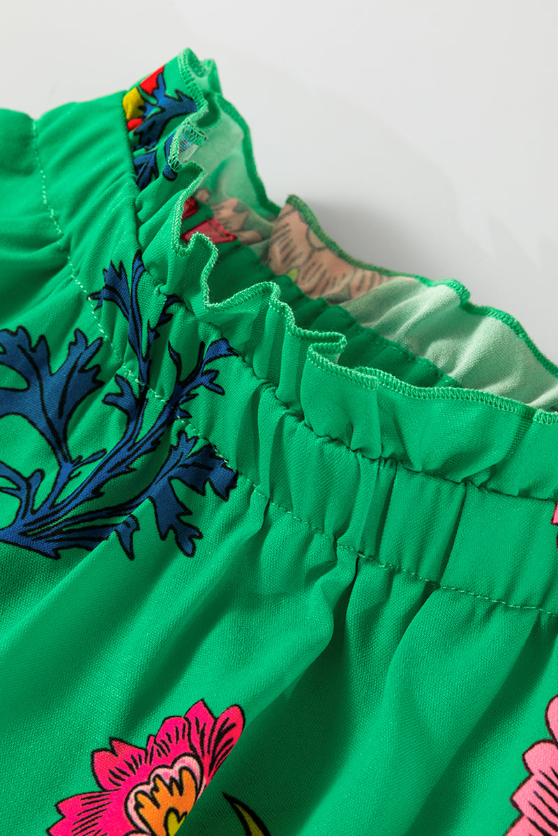 Floral Print Flutter Sleeve Frilly Neck Blouse