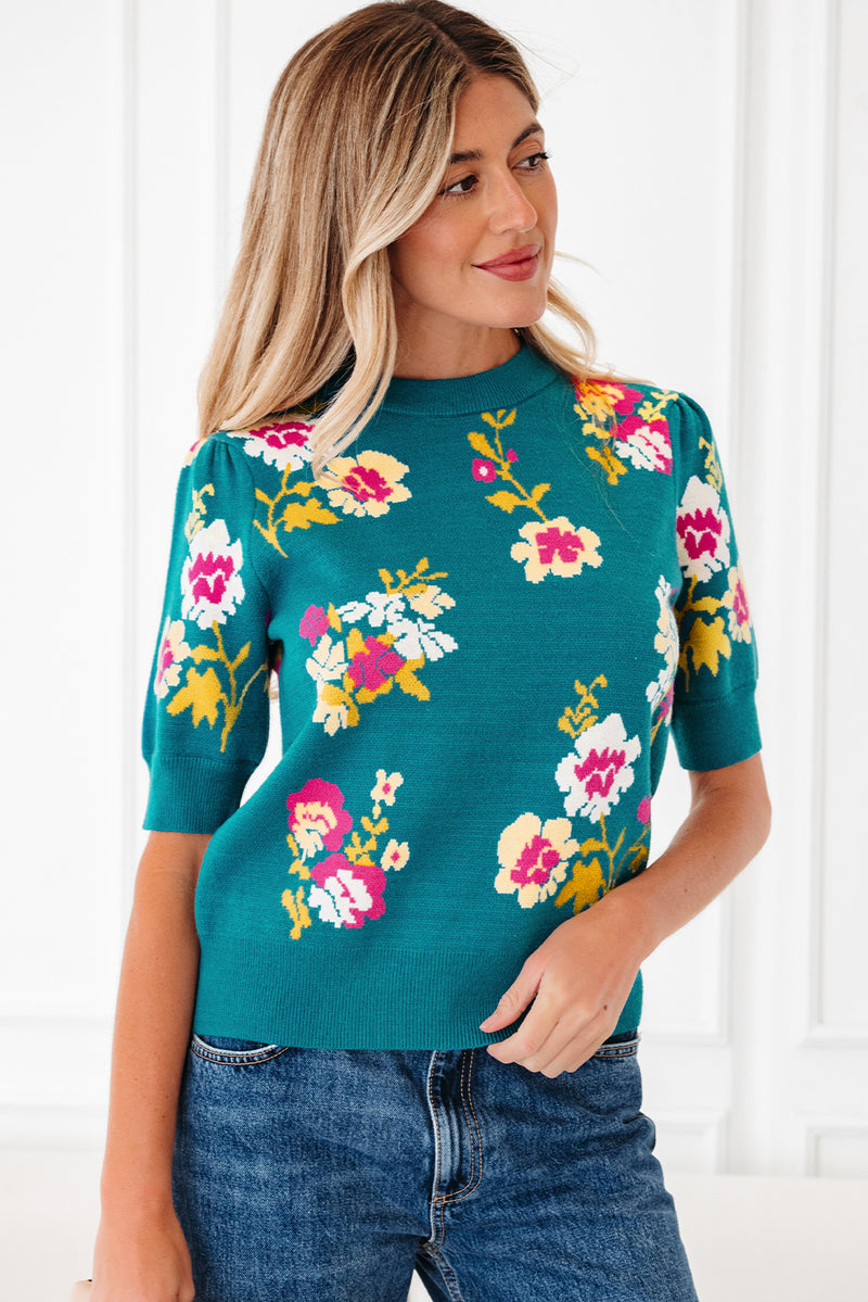 Teal Flower Pattern Mock Neck Short Sleeve Knitted T Shirt