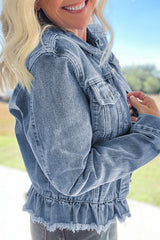Trucker Beau Blue Ruffle Raw Hem Flap Pockets Denim Jacket