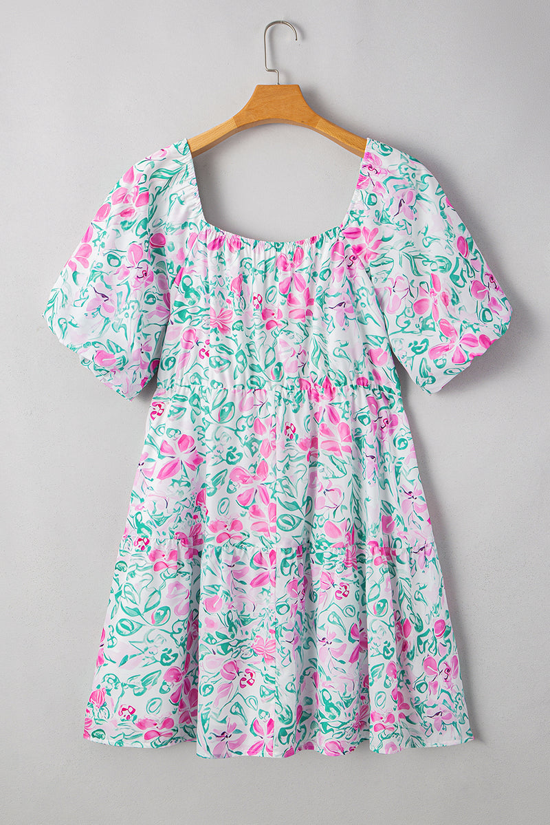 White Floral Print Ric-Rac Trim Square Neck Plus Size Mini Dress