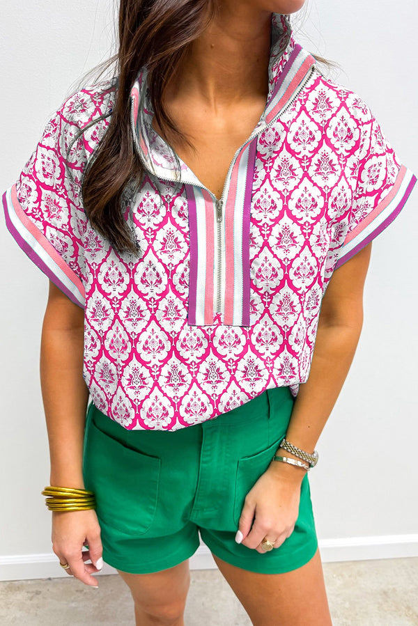 Western Print Zipped Collar Short Sleeve Summer Blouse Top