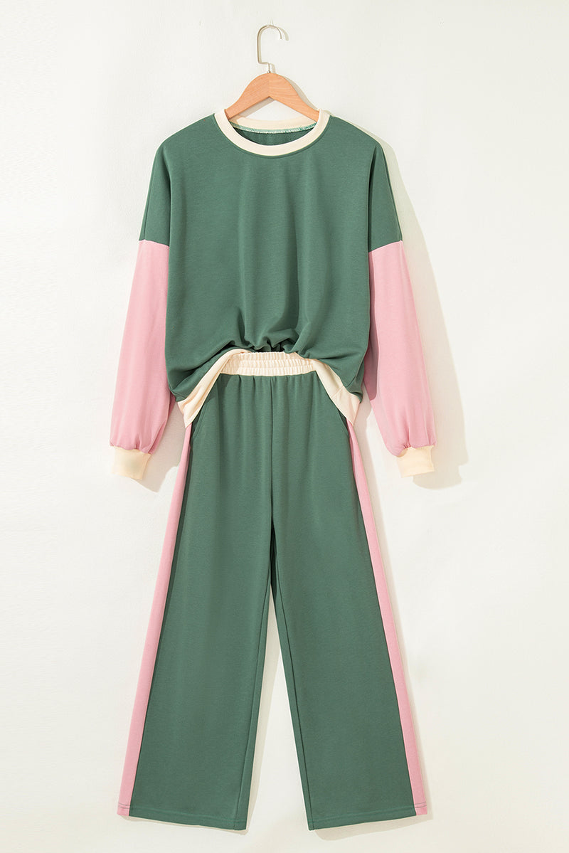2pcs Color Block Pullover Loose Pant Set
