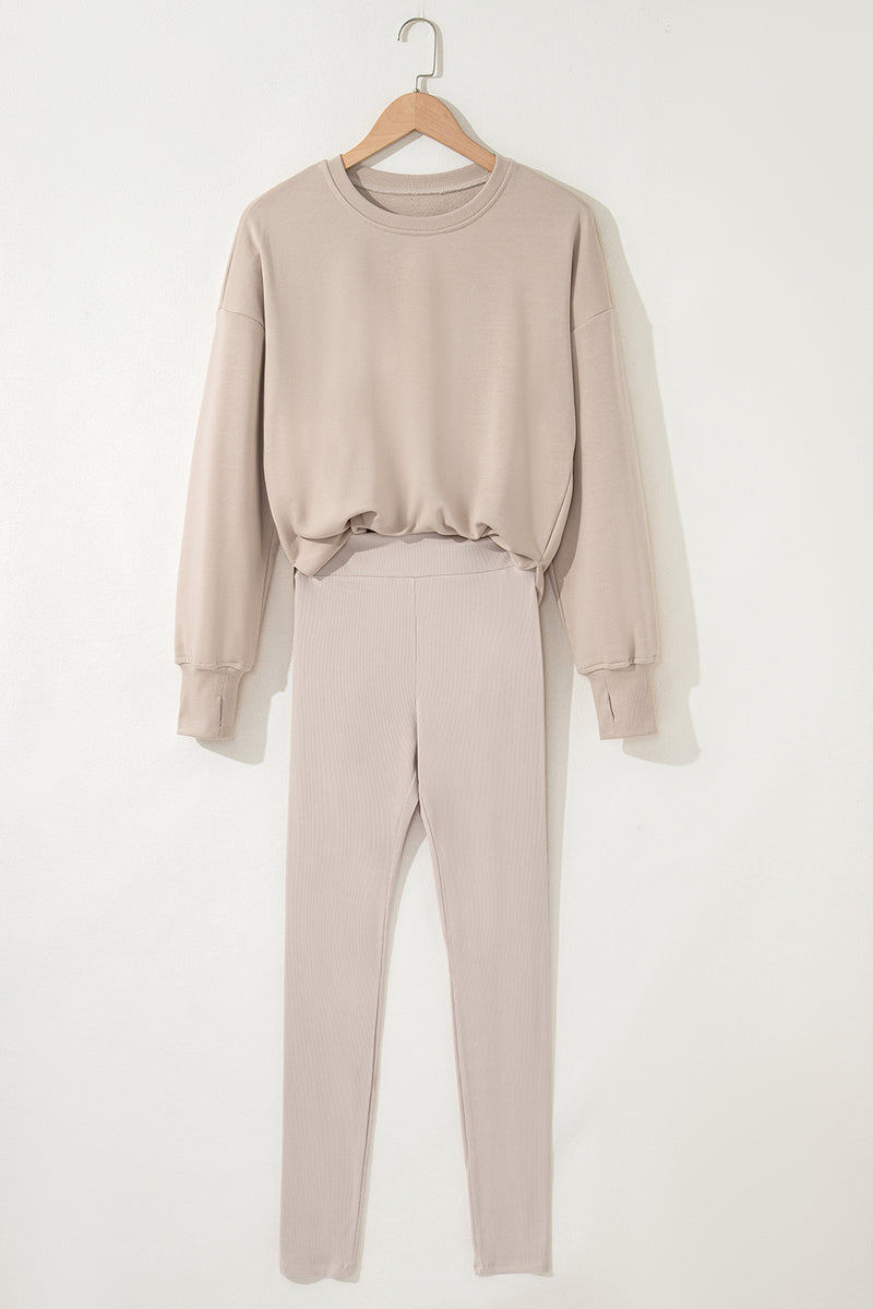 Beige Solid Color Oversize Slit Sweatshirt Ribbed Leggings 2pcs Set