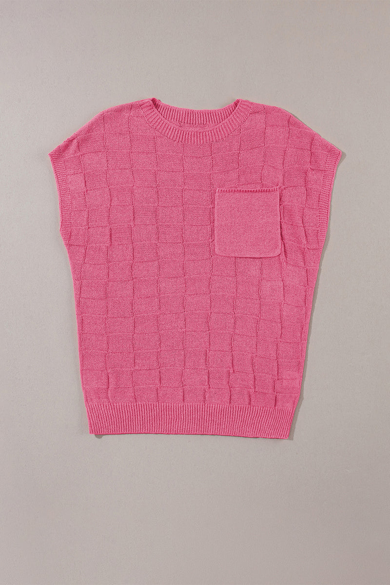 Solid Lattice Textured Knit Short Sleeve Sweater