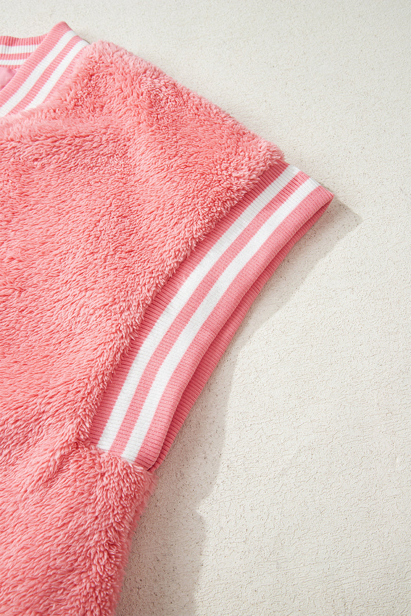 Pink Varsity Striped Banding Patchwork Winter Plush Vest