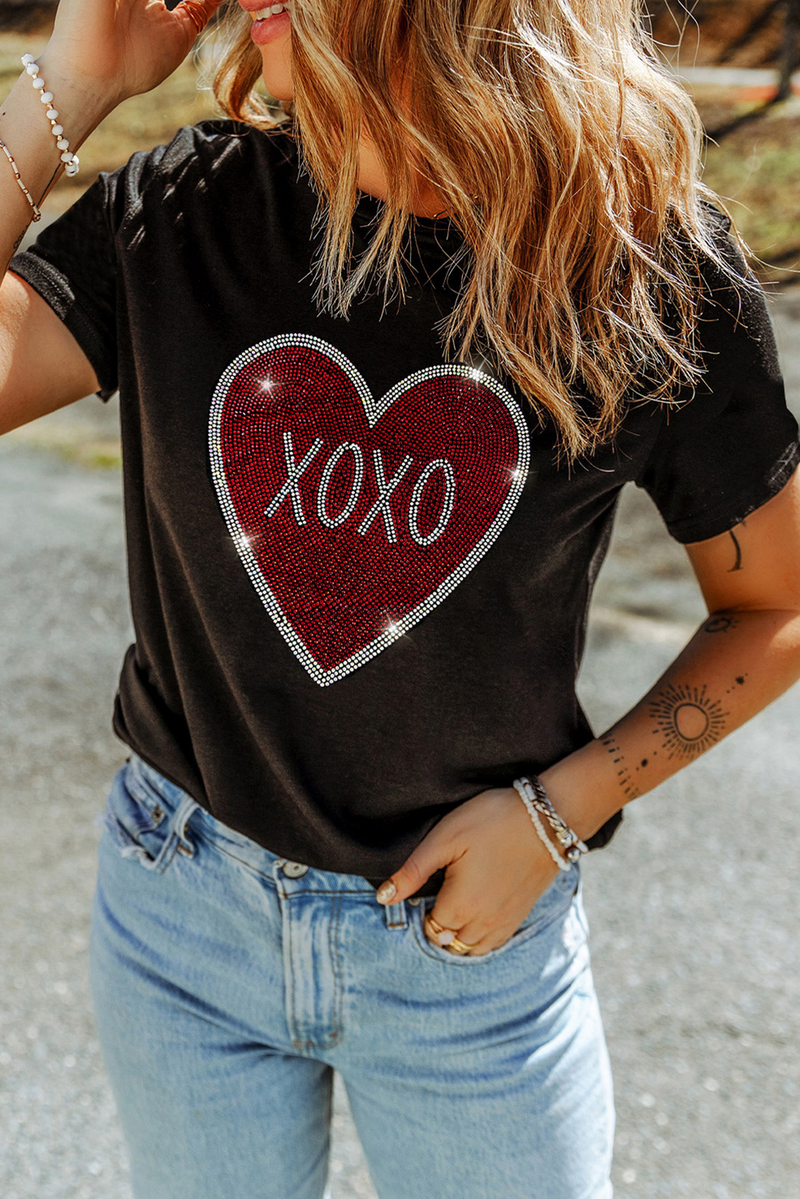 Rhinestone XOXO Heart Graphic Crewneck Tee