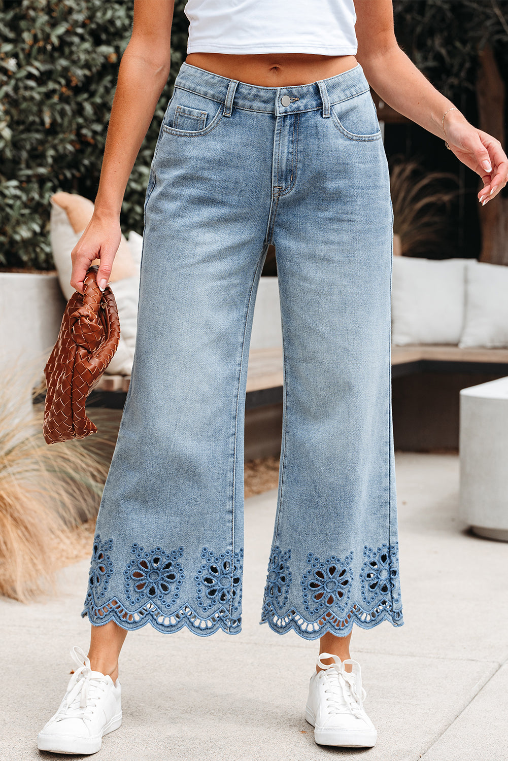 Embroidered Cropped Wide Leg High Waist Jeans