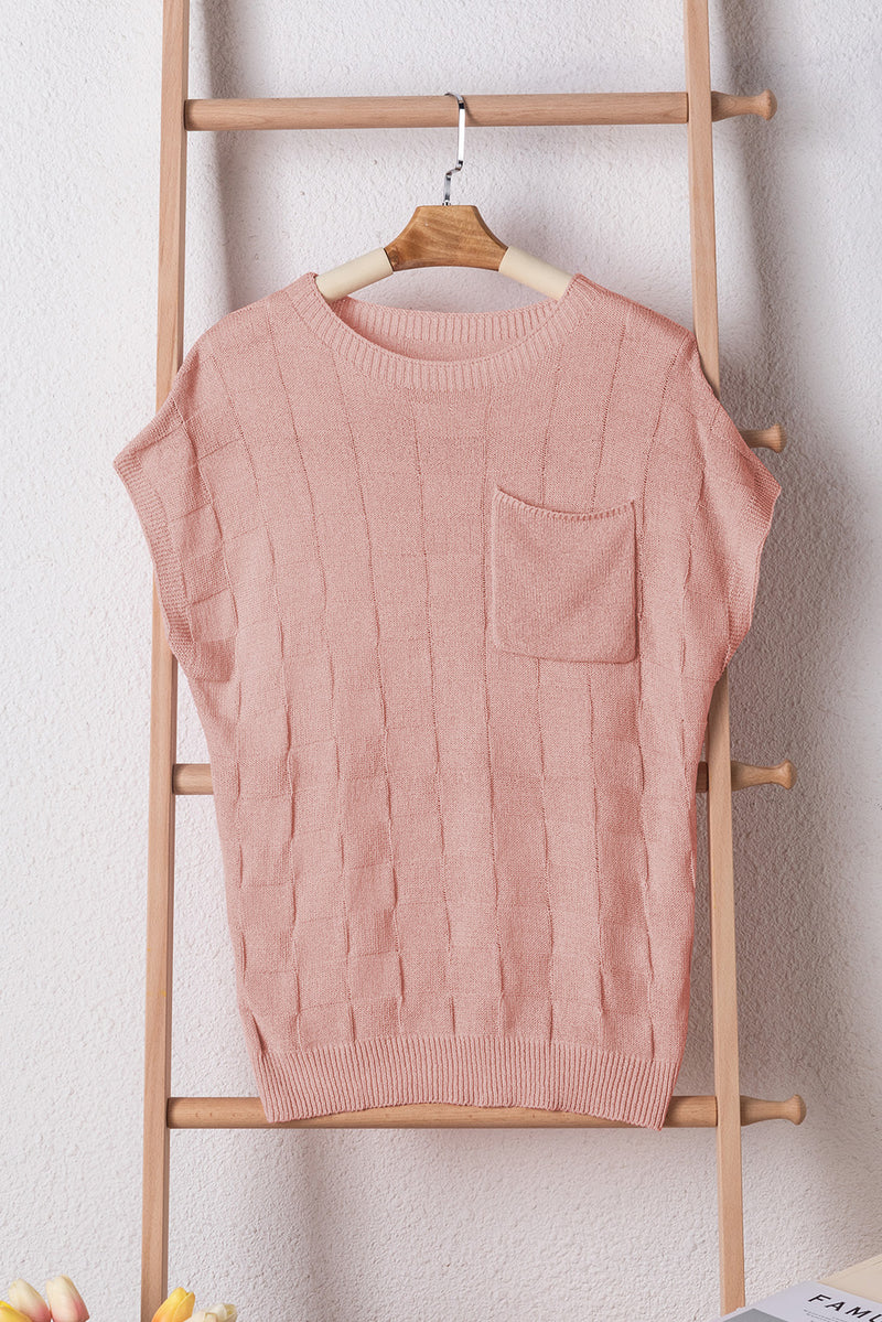 Solid Lattice Textured Knit Short Sleeve Sweater