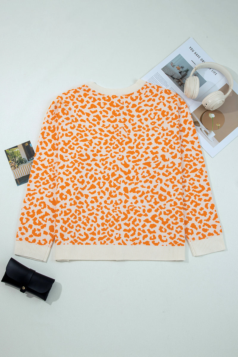 Leopard Drop Shoulder Chunky Knitted Cardigan Sweater