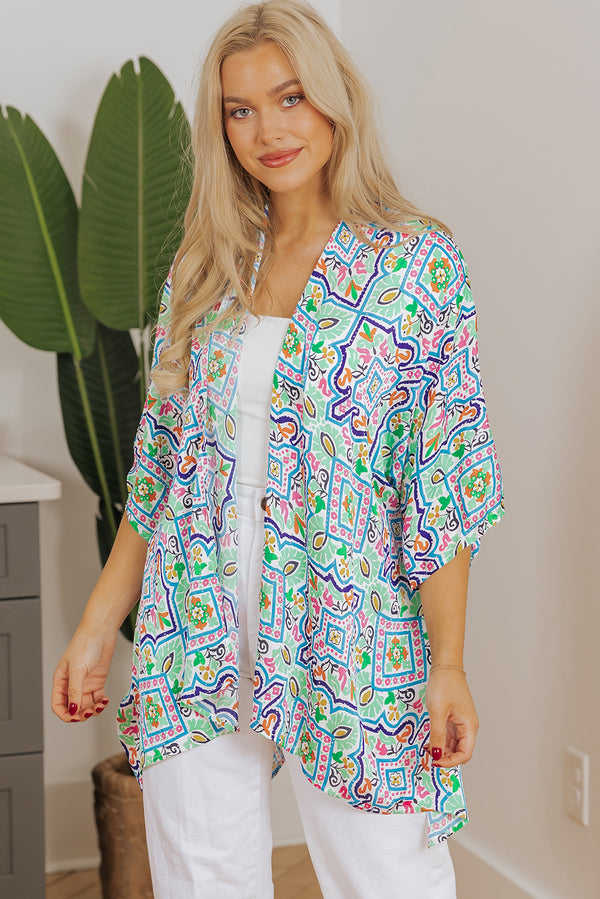 Boho Floral Printed Rhinestone 3/4 Sleeve Open Front Kimono