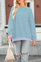 Stripe Contrast Ribbed Trim Crossed Stitch Drop Shoulder Sweatshirt