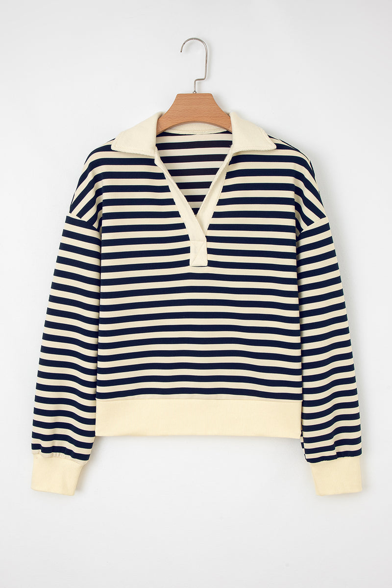 Stripe Collared V Neck Long Sleeve Casual Top