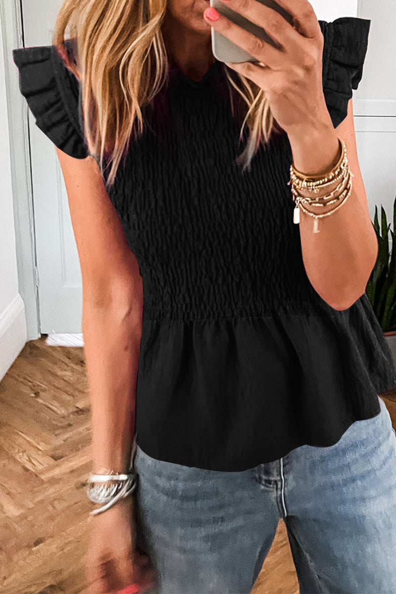 Ruffle Short Sleeve Shirred Peplum Top