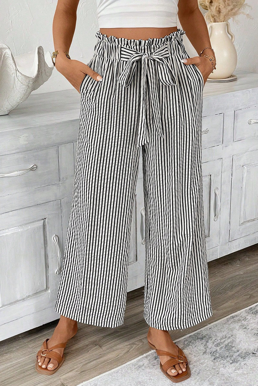Stripe Tied High Waist Loose Straight Casual Pants