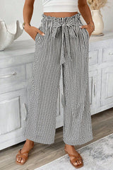 Stripe Tied High Waist Loose Straight Casual Pants