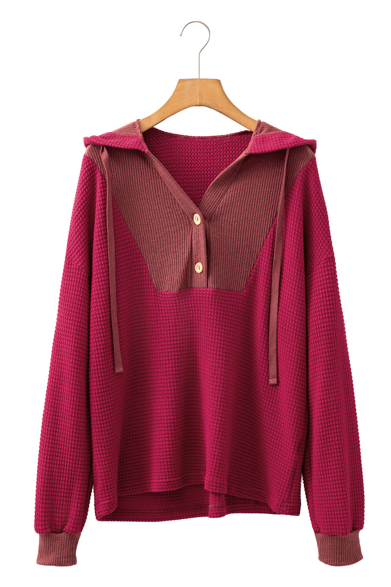 Waffle Patchwork Drop Shoulder Hooded Long Sleeve Top