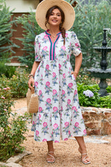 Allover Print Contrast Split Neckline Short Puff Sleeve Curvy Dress