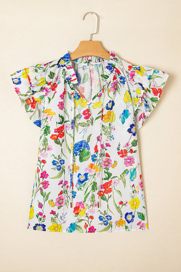 White Floral Print Ruffle Tiered Sleeve Split V Neck Blouse