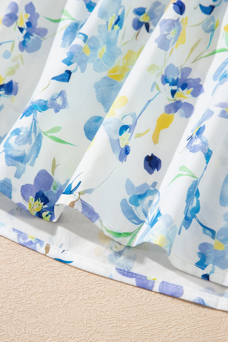 Floral Print Frilled Notched V Neck Blouse