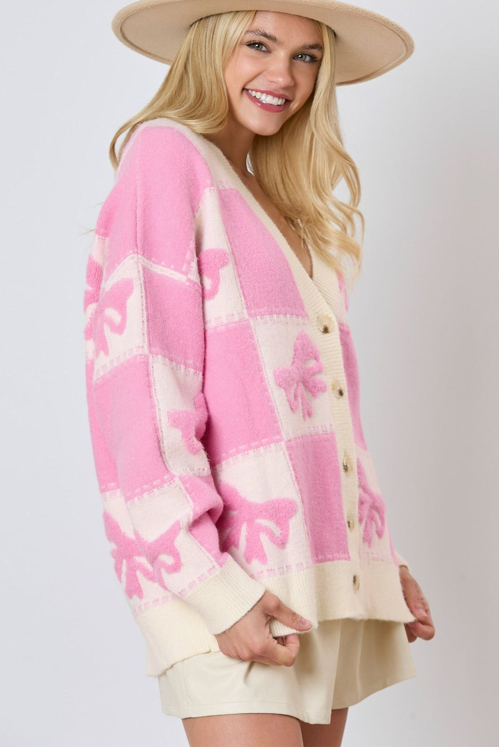 Bowknot Checkered Pattern V Neck Drop Shoulder Button Up Cardigan