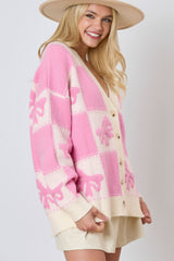 Bowknot Checkered Pattern V Neck Drop Shoulder Button Up Cardigan