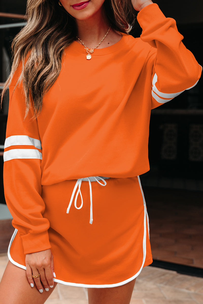 Varsity Stripe Detail Drop Shoulder Pullover Mini Skirt Set