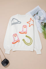 Western Boots Horseshoe Star Knit Crew Neck Sweater