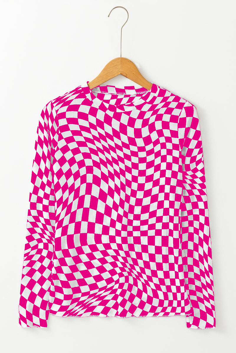 Checkered Pattern Mesh Mock Neck Long Sleeve Top