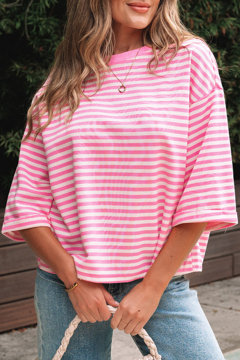 Stripe Bowknot Cutout Back Drop Shoulder Wide Bracelet Sleeve Loose Tee