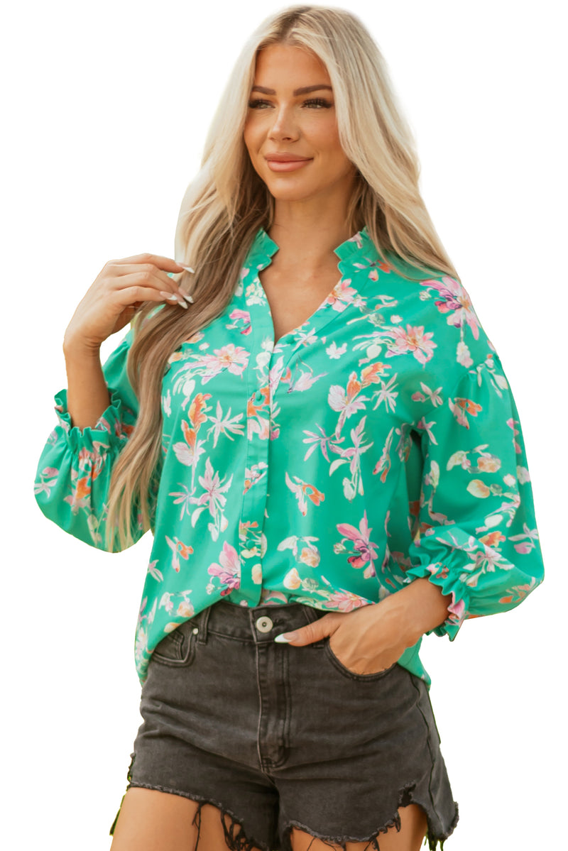 Floral Lantern Sleeve Button Front Shirt