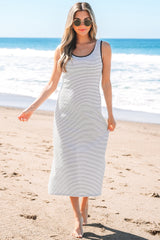 Stripe Criss Cross Side Slits Slim Fit Sleeveless Midi Dress