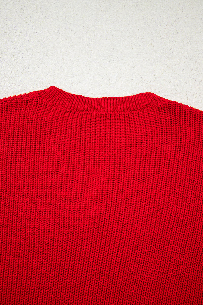 Solid Textured Knit V Neck Drop Shoulder Sweater