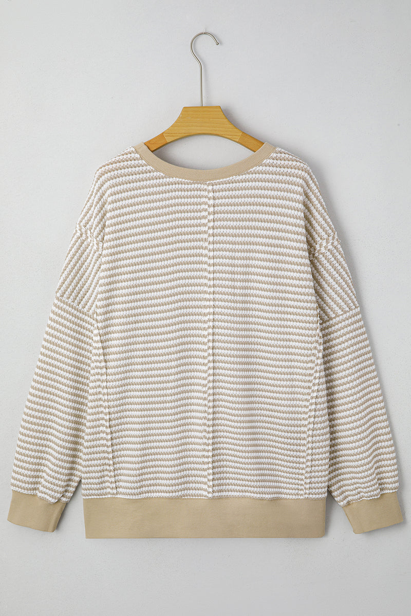 Stripe Plus Size Breathable Knit Ribbed Trim Long Sleeve Top