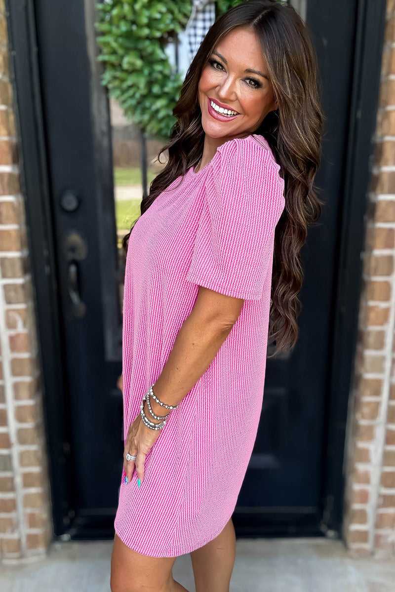 Solid Corded Knit Crew Neck Puff Sleeve Shift Mini Dress