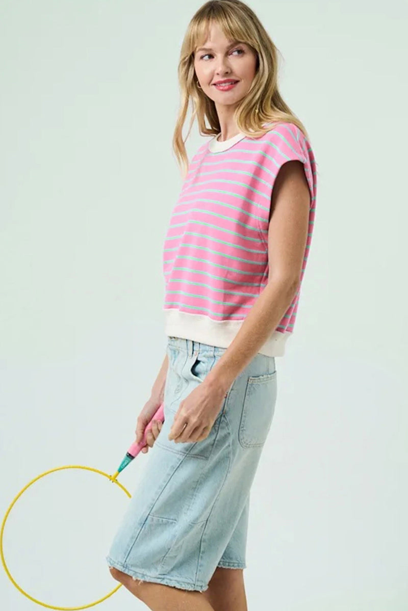 Striped Crew Neck Cap Sleeve T Shirt
