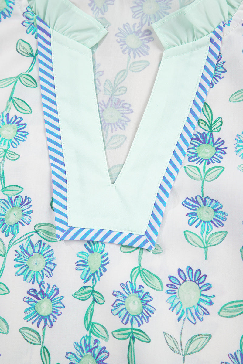 Floral Print Striped Detail Contrast V Neck Patchwork Flutter Sleeve Blouse