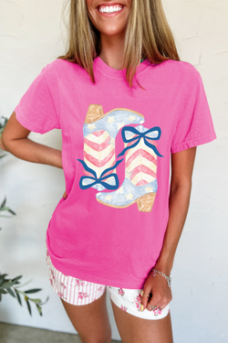 Flag Pattern Boots Bow Accent Casual Graphic Tee