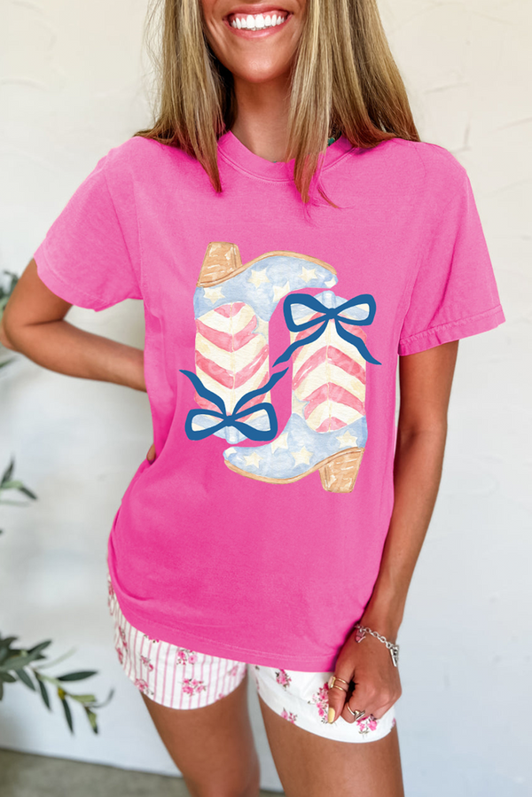 Flag Pattern Boots Bow Accent Casual Graphic Tee