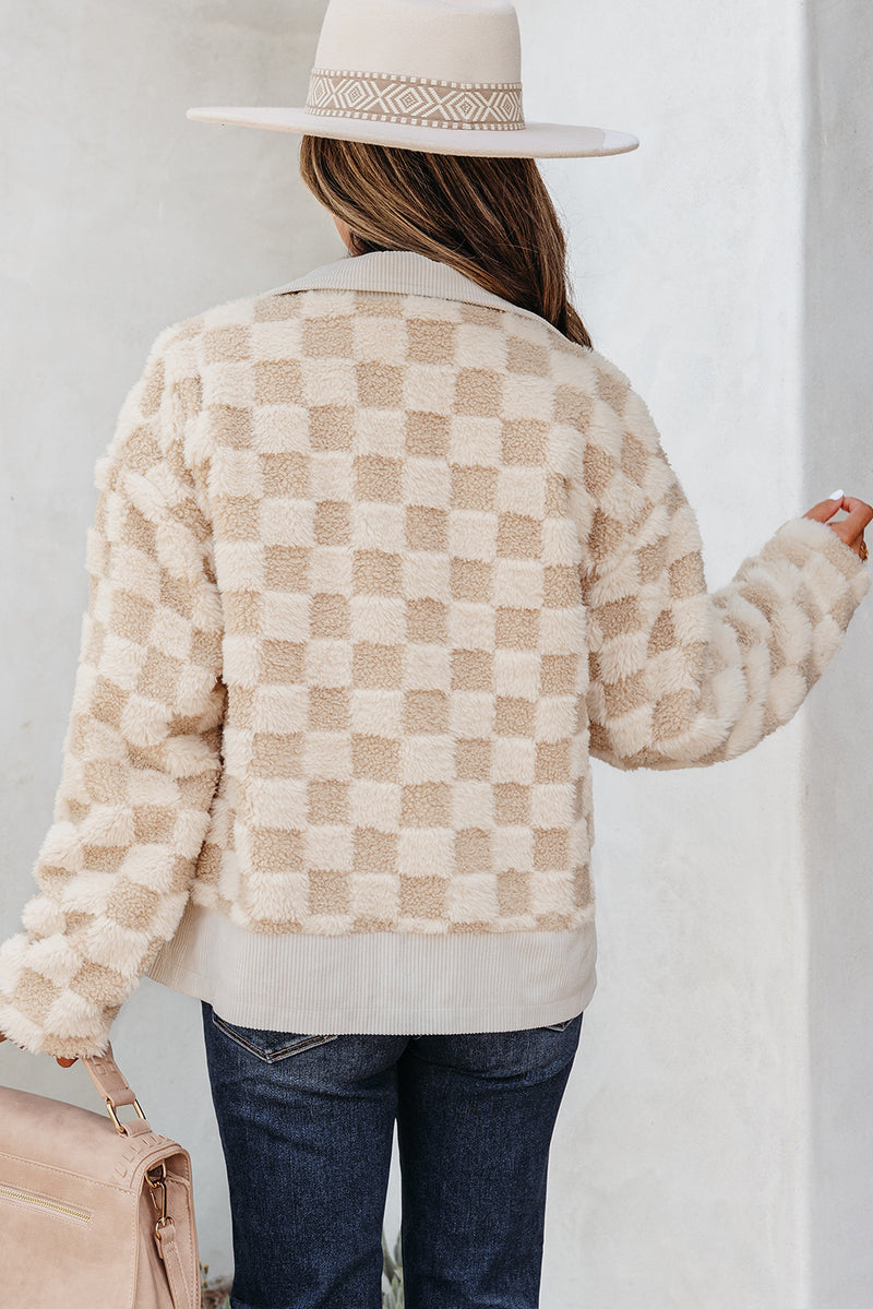 Checker Sherpa Corduroy Patchwork Zip up Collared Jacket