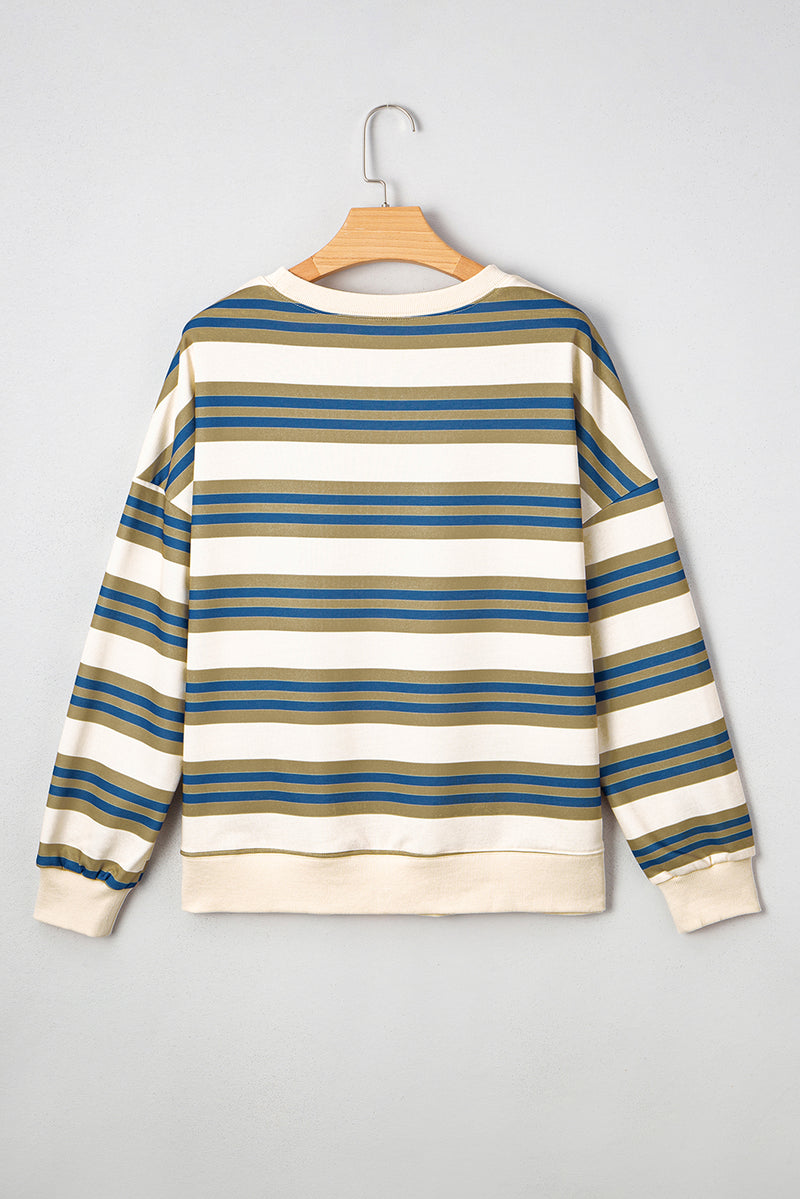 Stripe Crew Neck Drop Shoulder Pullover Sweatshirt