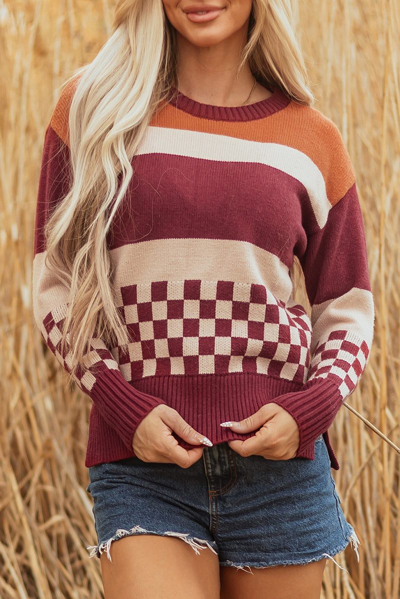 Checkered Color Block Knitted Drop Shoulder Sweater