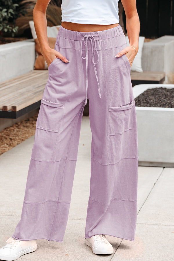 Mineral Wash Exposed Seam Drawstring High Waist Wide Leg Cargo Pants