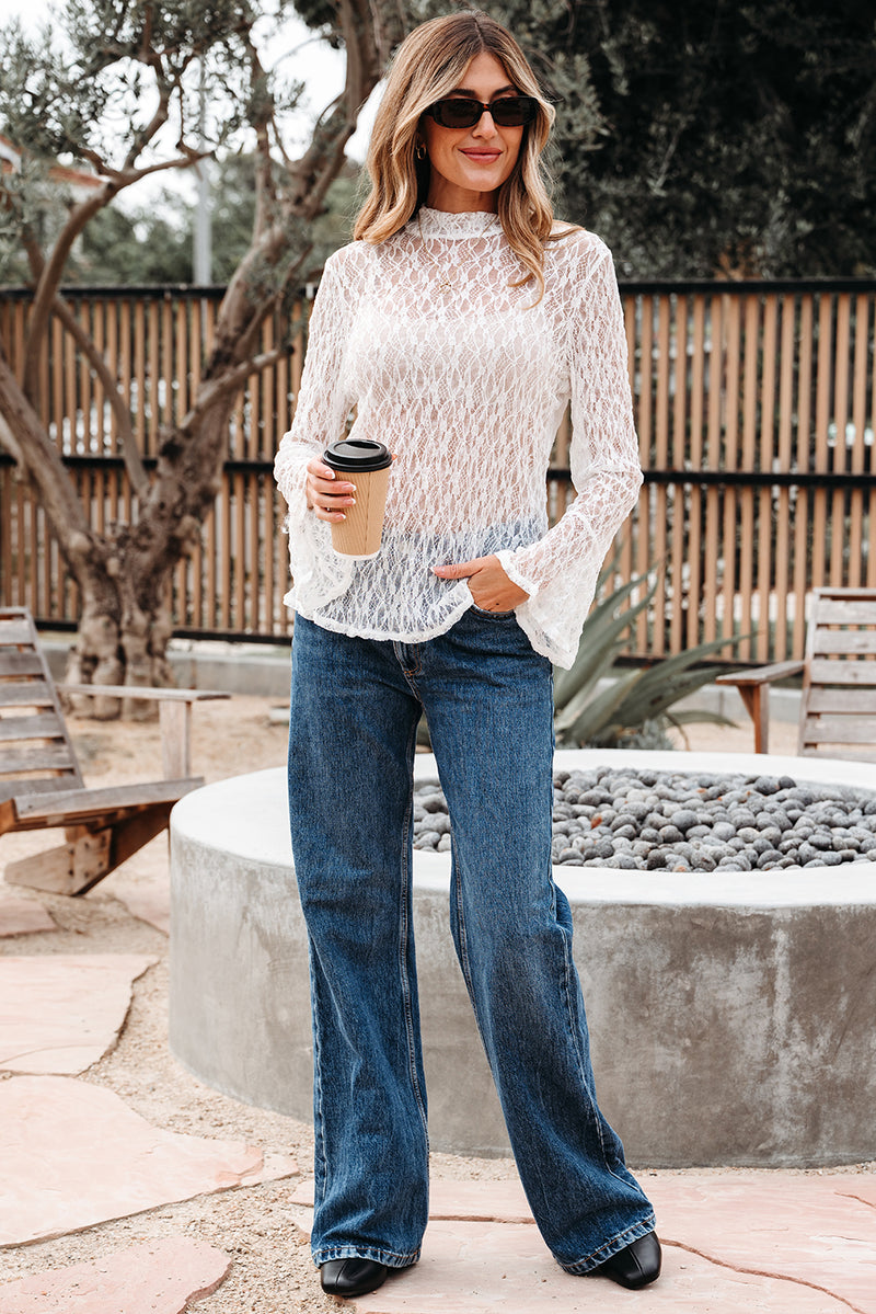 Sheer Lace Bell Sleeve Mock Neck Blouse