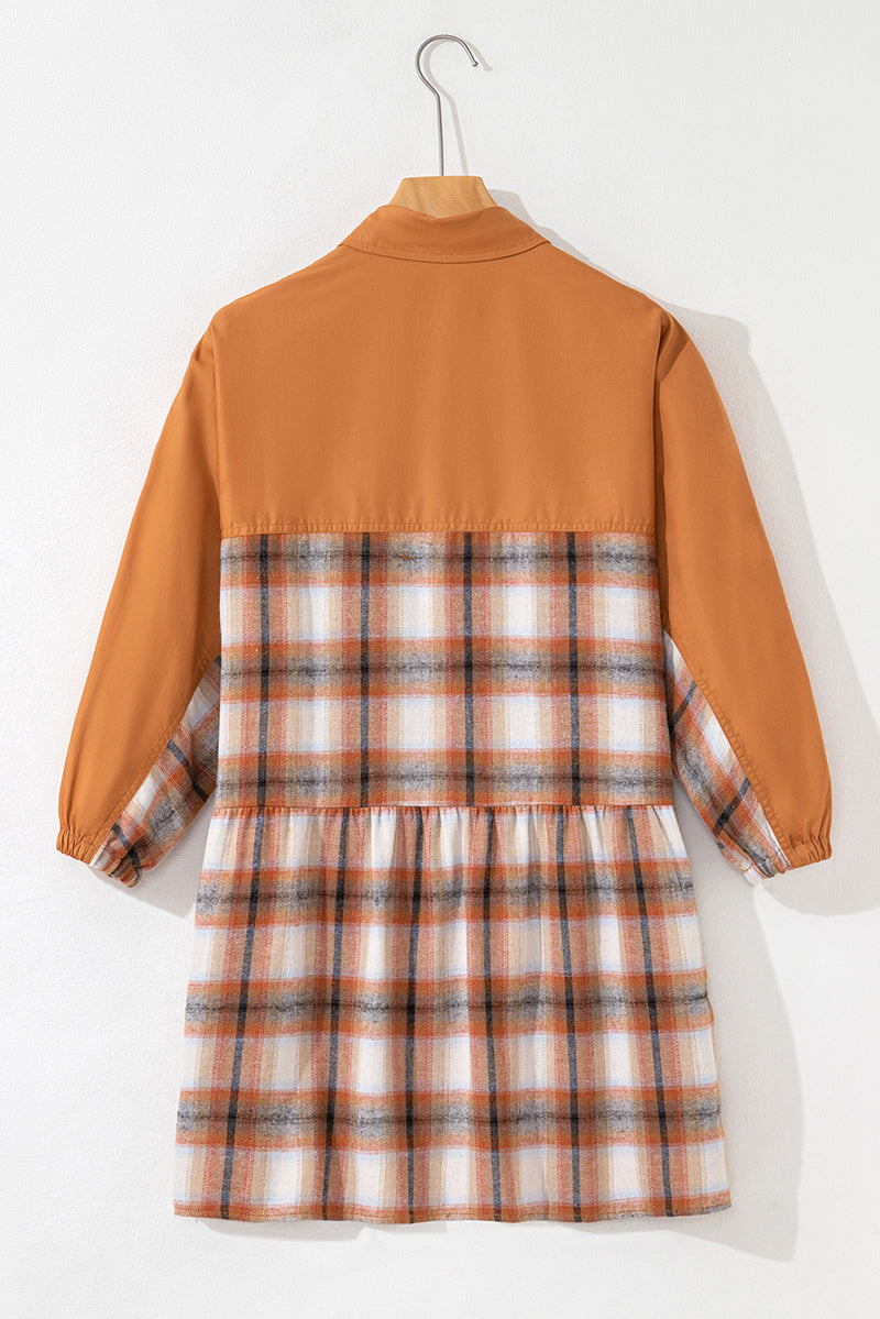 Plaid Color Block Patchwork Ruffle Hem Tunic Shirt Dress