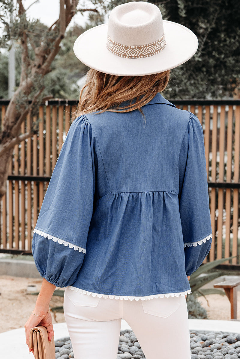 Lace Ric Rac 3/4 Puff Sleeve Collared Babydoll Blouse