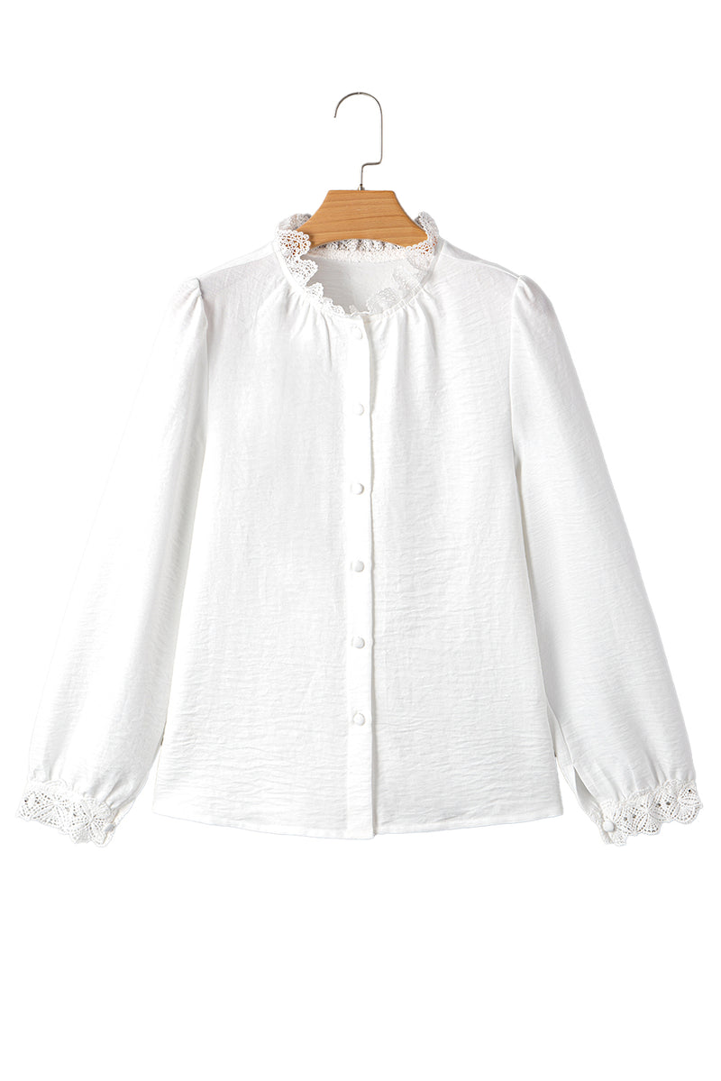 Lace Patchwork Buttoned Stand Neck Loose Shirt
