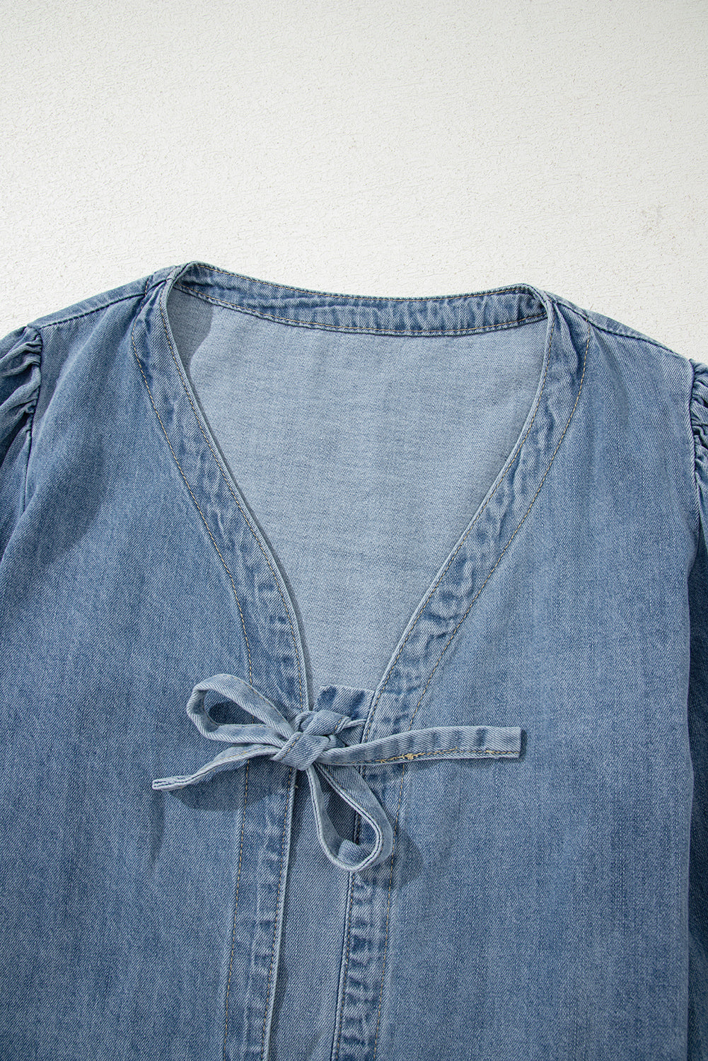 Tied Front Long Puff Sleeve Denim Top